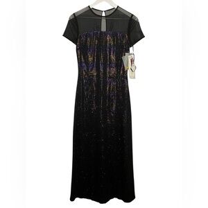 VTG Metallic Black Rainbow Tinsel Maxi Dress 4 Sheer Whimsigoth Vampire Y2K NEW